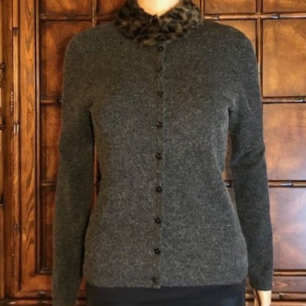Kasper Gray Wool Cardigan with Faux Fur Collar
